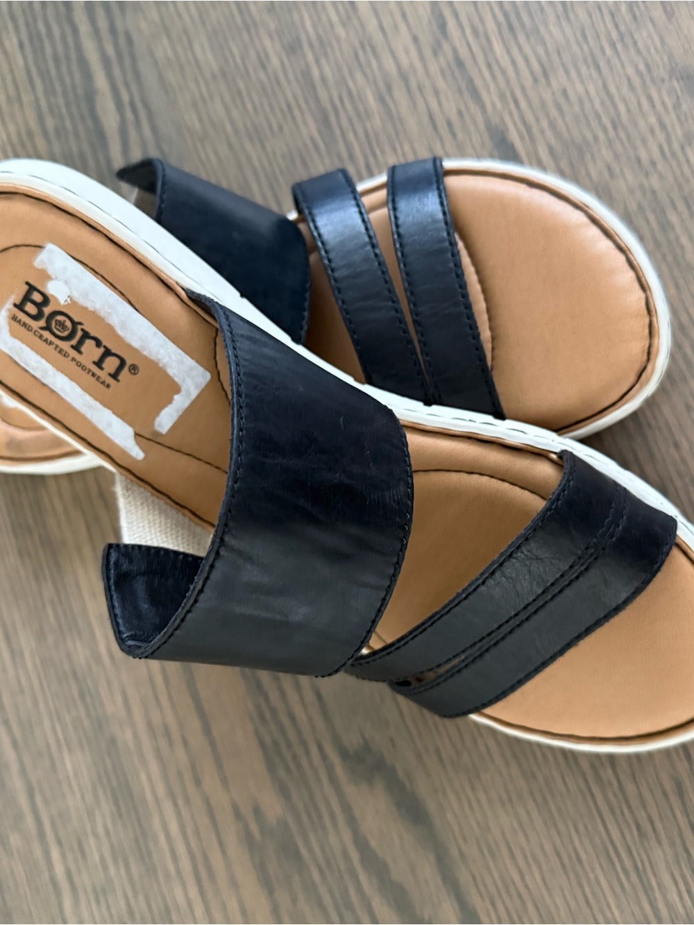 Born Black Leather Slide Sandals with Tan Footbed